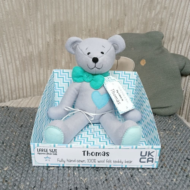 Thomas. Large size. 100% wool felt, hand-sewn teddy bear. UKCA toy. Grey. Teal. Spearmint. Blue.