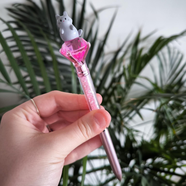 Stylo baguette magique - Chat gris (fushia)