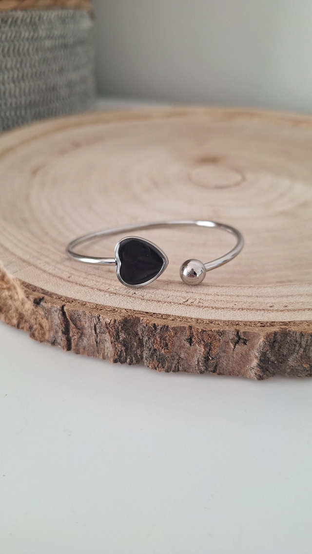Bracelet jonc argenté cœur noir