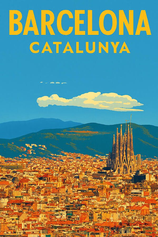 Horizonte del Póster del Viaje del Vintage de Barcelona, Catalunya con la Sagrada Familia.