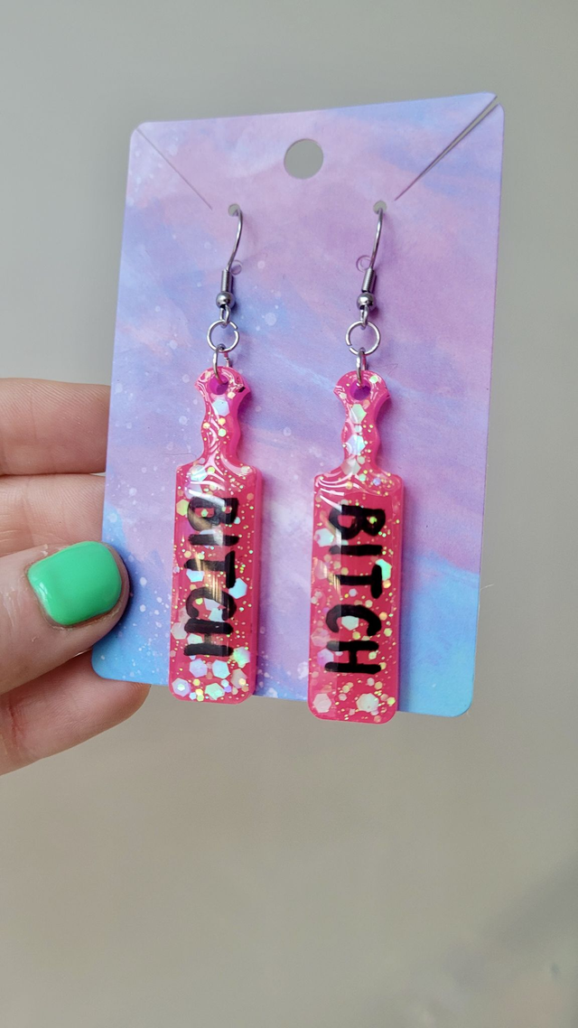 Earrings | Bright Pink Glitter BITCH Earrings | Stainless Steel Hooks