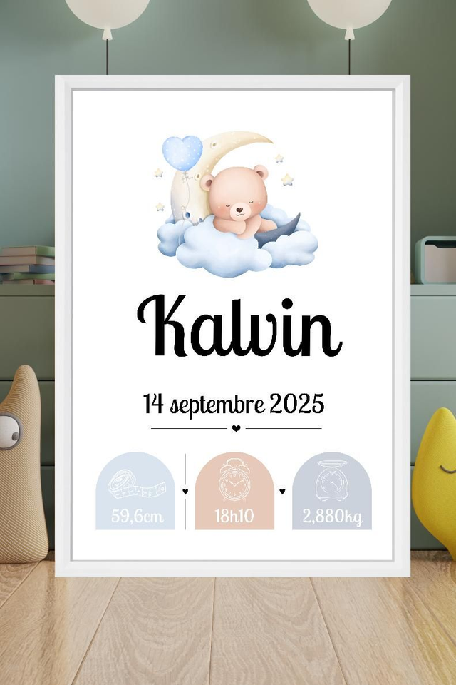 Toile de naissance personnalisée encadrée – Cadeau de naissance unique – Décoration chambre bébé – Souvenir doux et poétique
