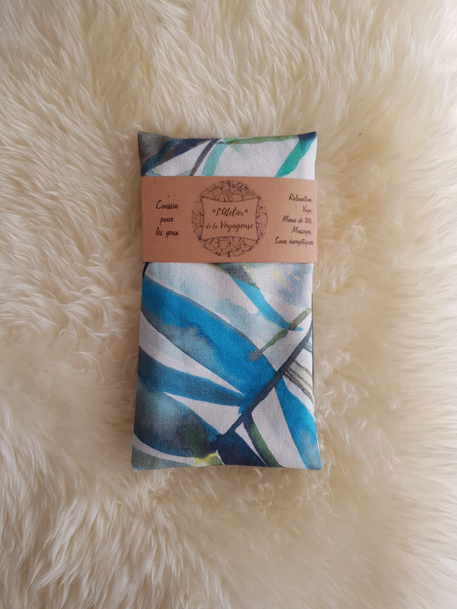 47 - Coussin pour les yeux - Palmes aquarelles bleues