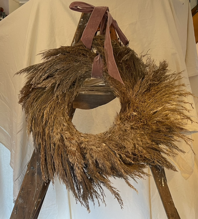 luxurious pampas wreath with dusty pink velvet ribbon