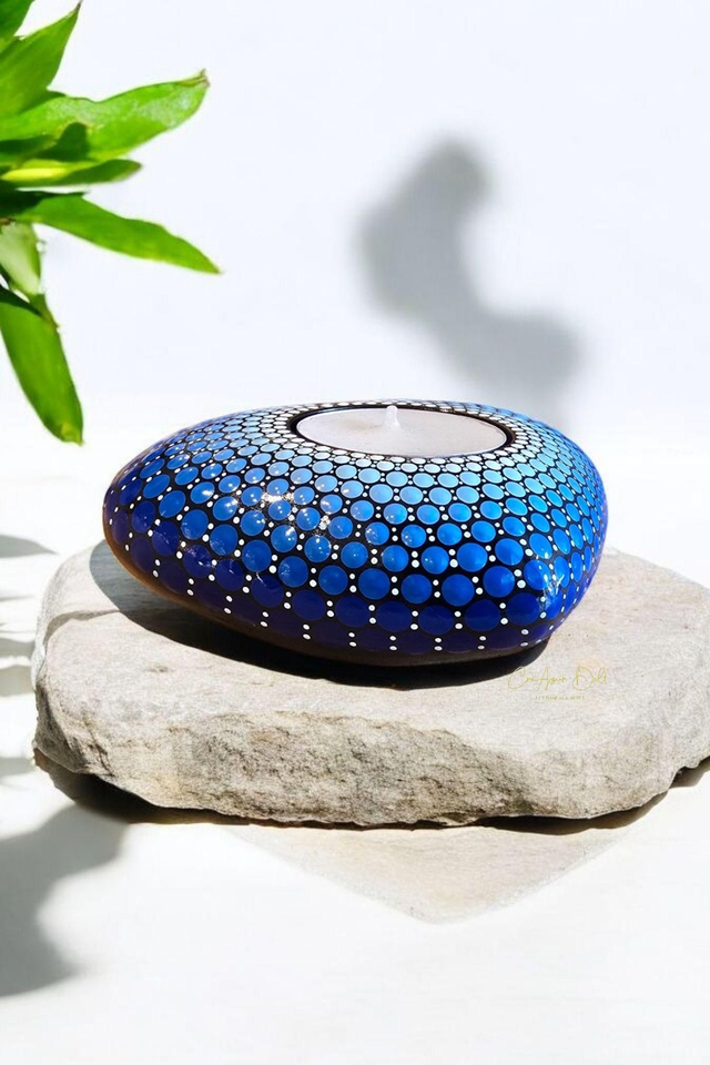 Bougeoir cœur mandala bleu en plâtre résine – Peint à la main