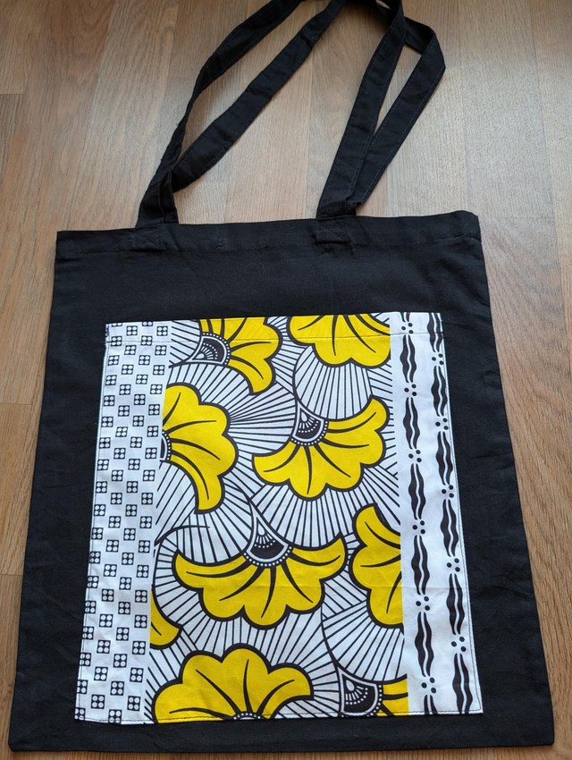 Sac Shopping Réutilisable Noir avec Motif Wax Jaune - Fait Main