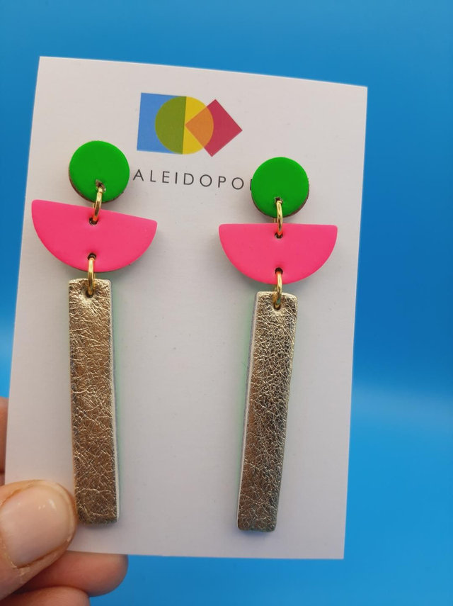 Geometric drop earrings  - green / pink / gold