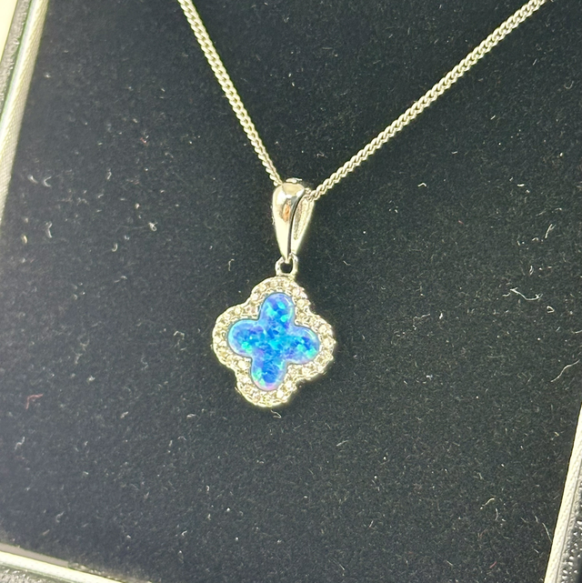 CZ & Blue Opal Clover Necklace