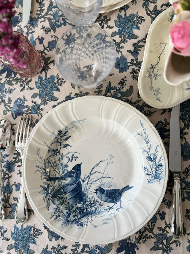 OISEAUX - Suite de 6 assiettes creuses aux Oiseaux par la manufacture française de Gien - Terre de Fer