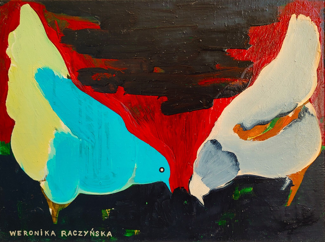 Dam ci płaszczyk z białych piór, 30x40 olej płótno