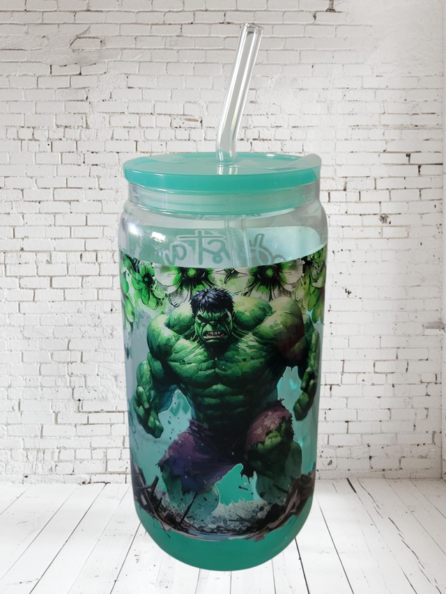 Gourde avec paille en verre Hulk