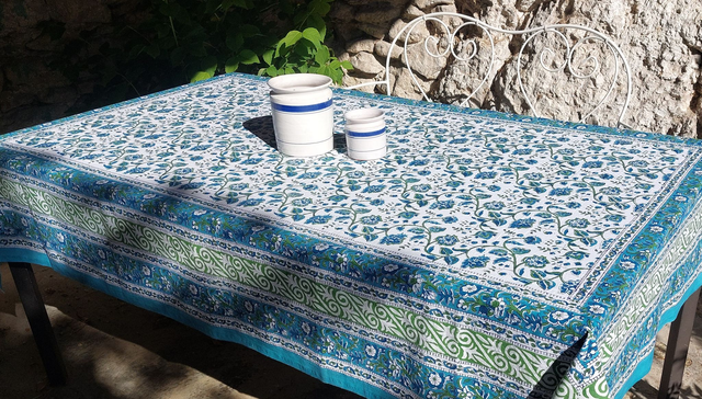 Grande nappe rectangulaire imprimée à la main, coton, motif floral vert et turquoise bleu