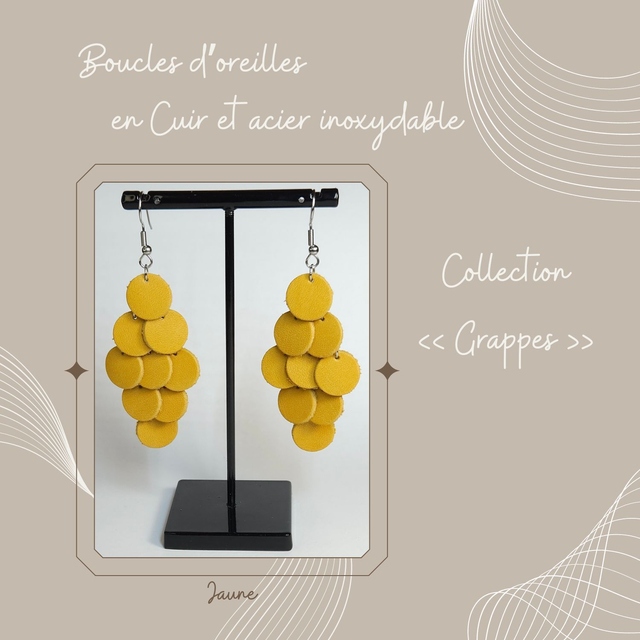 Boucles d&#039;oreilles Grappe en cuir - Jaune