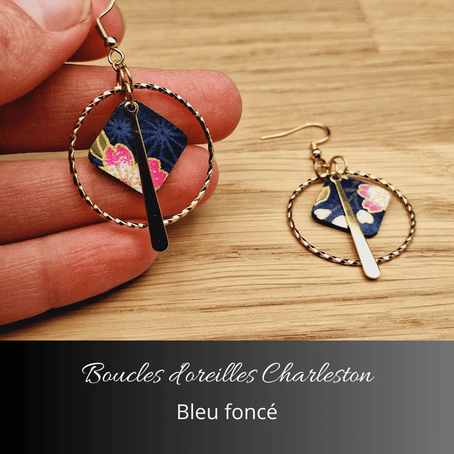 Boucles d'oreilles créoles Charleston - Bleu foncé, rose
