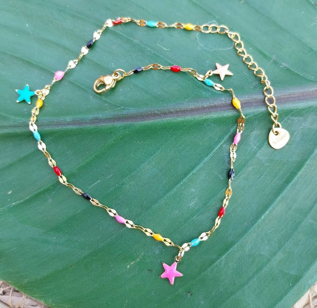 ✨Bracelet de cheville chaines perles émaillées et étoiles✨(7CHE)