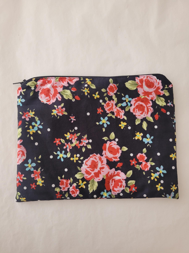 Black and pink floral zip makeup pouch - 100% cotton - HBH-002