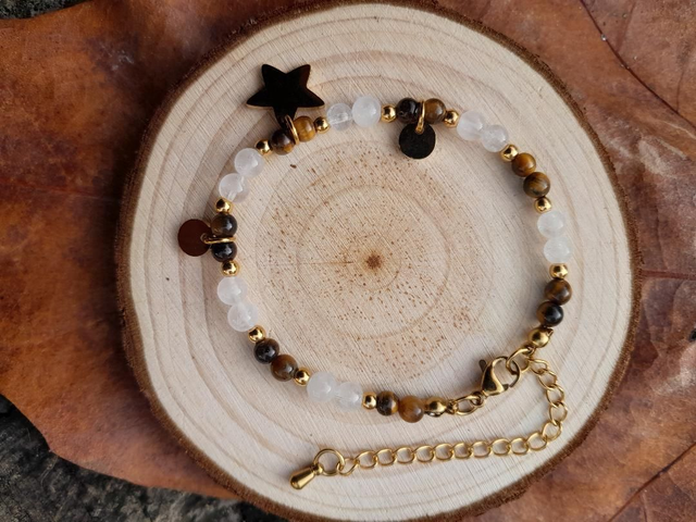 Bracelet doré oeil du tigre &amp; cristal de roche