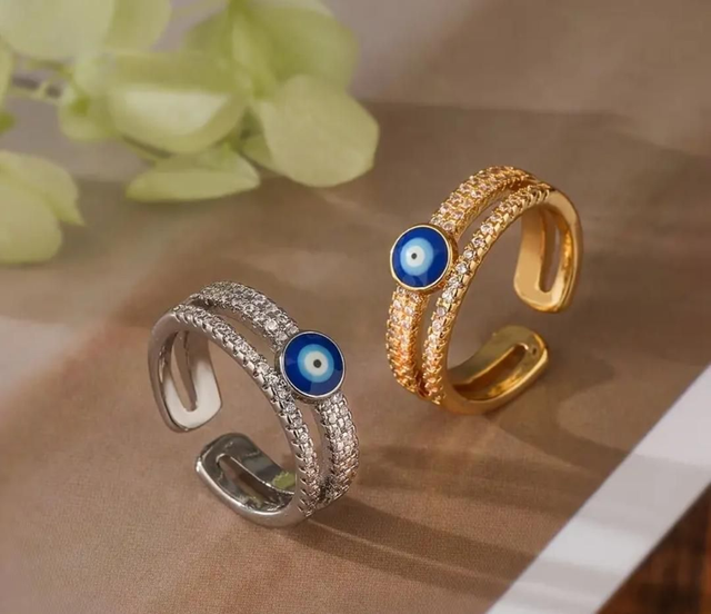 Bague Oeil bleu - ajustable - or ou acier - en acier inoxydable 