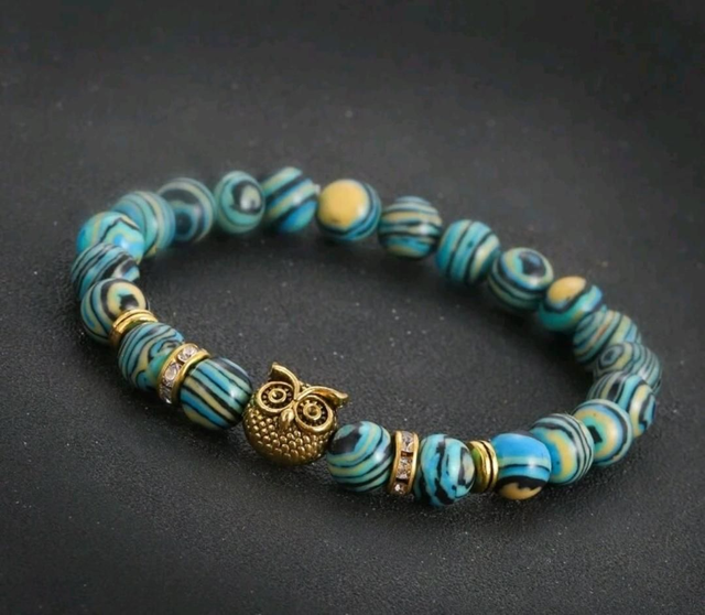 Bracelet en Malachite - totem hibou - 8mm