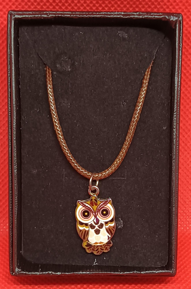 Brown Enamel Owl Pendant Necklace.