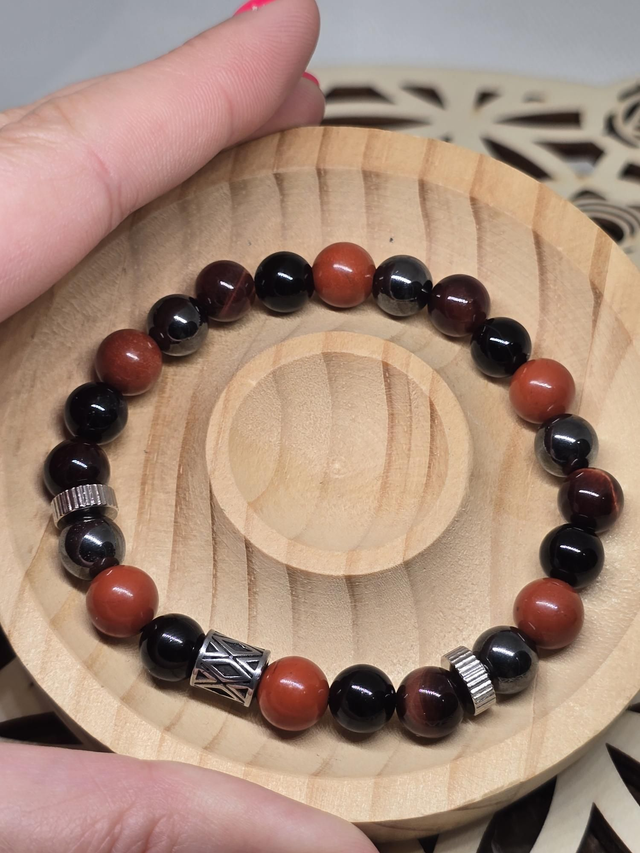 Bracelet Onyx, Jaspe rouge, Œil de Taureau, Hématite 0,8 cm