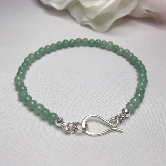 Green Aventurine gemstone bracelet of small round beads with recycled sterling silver clasp 