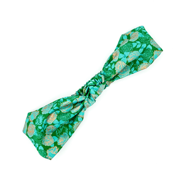 Knotted Elasticated Headband - Green Metallic Gold Rose