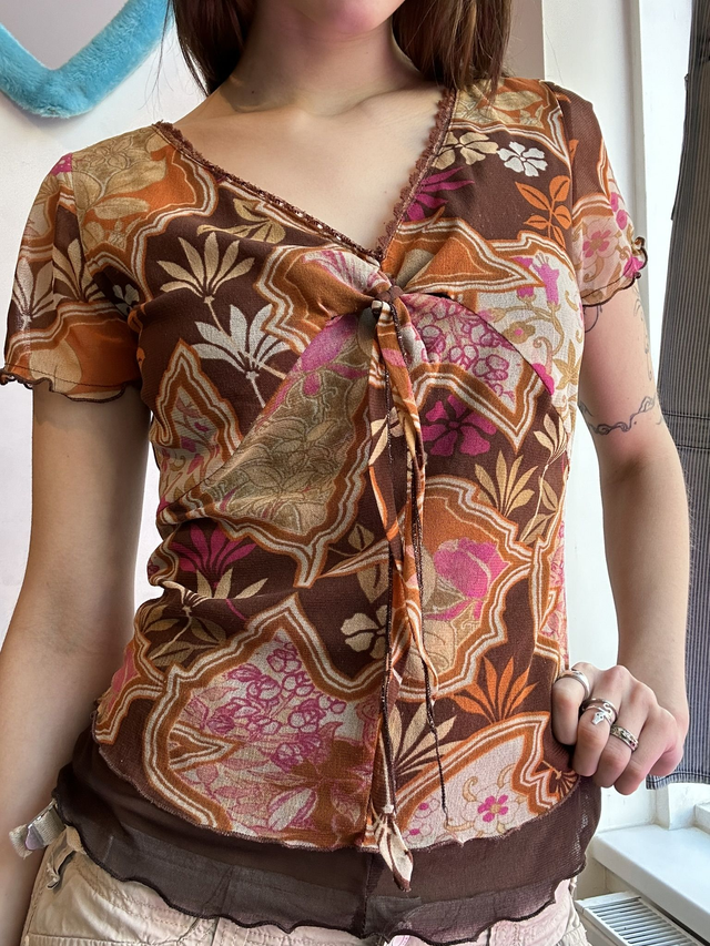 brown flower printed mesh top