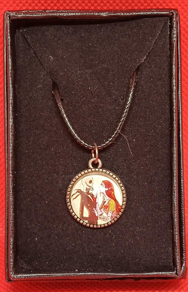 Tibetan Silver Nightmare Before Christmas Jack &amp; Sally Cabochon Pendant Necklace.