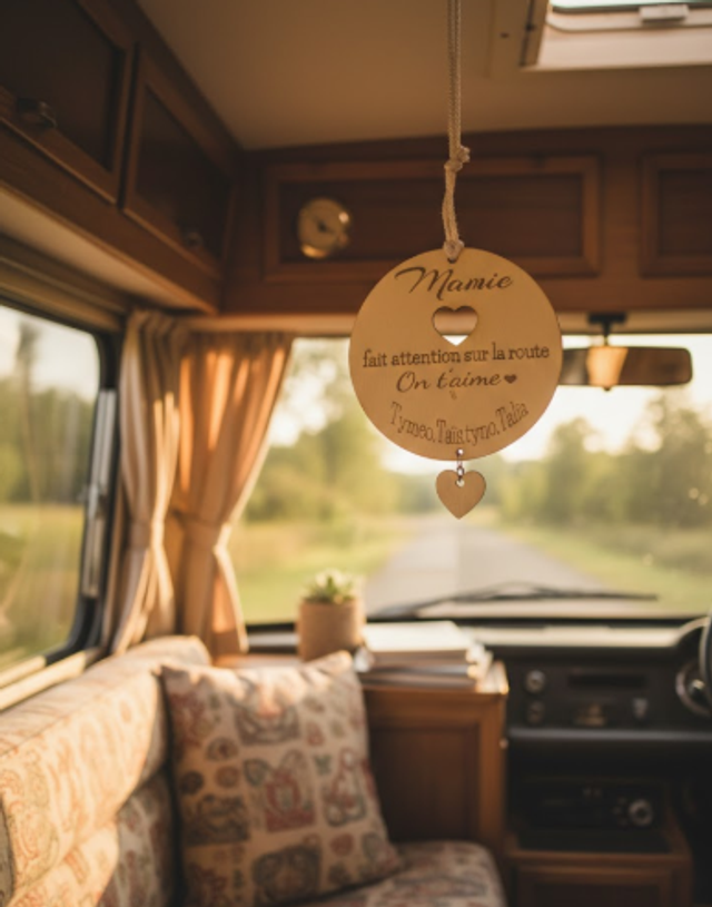 Décoration Voiture Mamie Personnalisée – Rond à Suspendre « Mamie Attention sur la Route » avec Cœur en Bois
