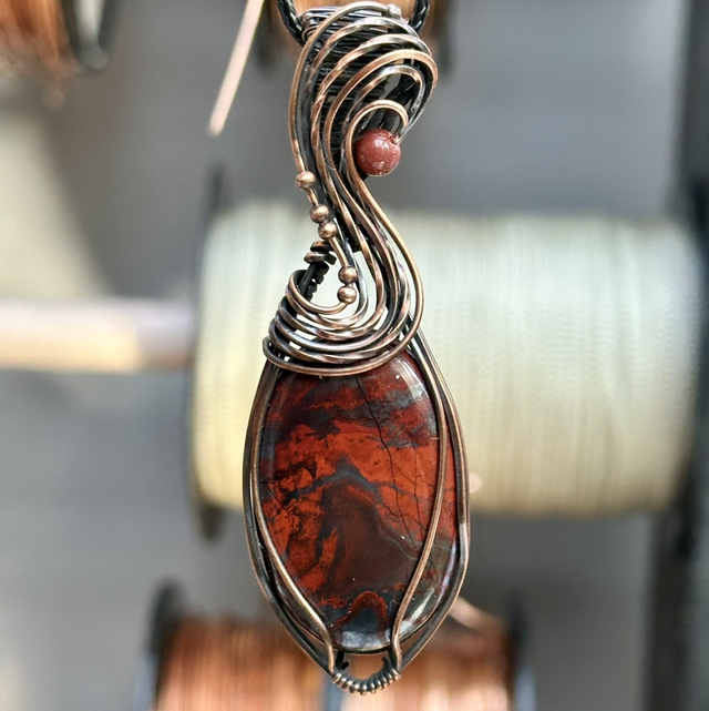 Red jasper x Hematite pure copper wrapped pendant 