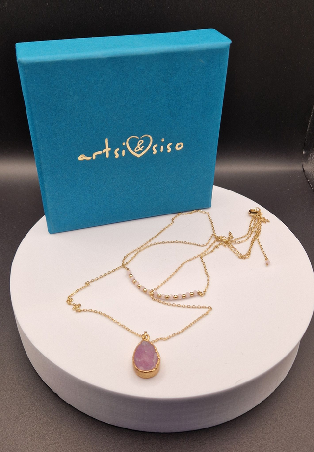 Two Strand Pink Necklace with Druzy Stone 