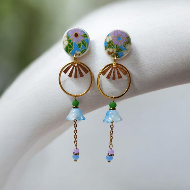Boucles d'oreilles pendantes motifs japonais bleu turquoise parme