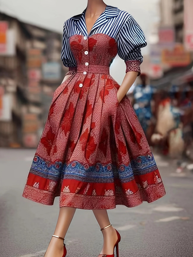 Women's Vintage Elegant Contrast Striped Dress with Lantern Sleeves &amp; Button Front 