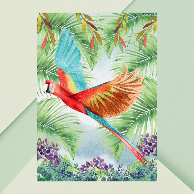 Impression d'Ara Rouge Volant à Travers la Forêt Tropicale - Art Exotique / Scarlet Macaw Flying Through Tropical Forest Print - Exotic Bird Art 