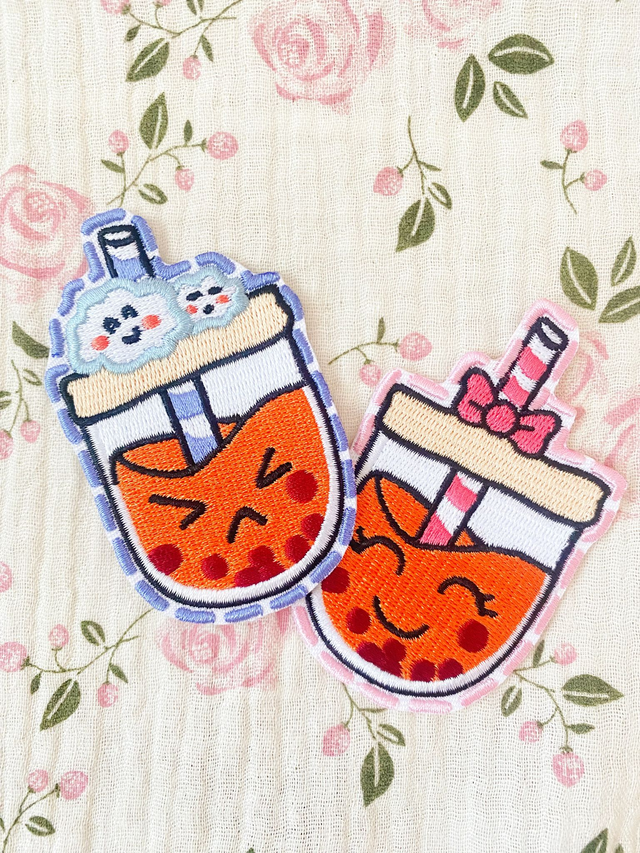 Blue bubble tea iron on patch 
