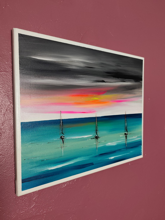 tableau Moderne abstrait - art contemporain - marine colorée bateaux voiliers