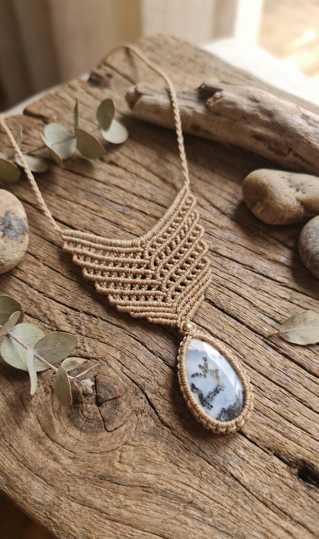 Colar em macramê com opala azul owyhee 