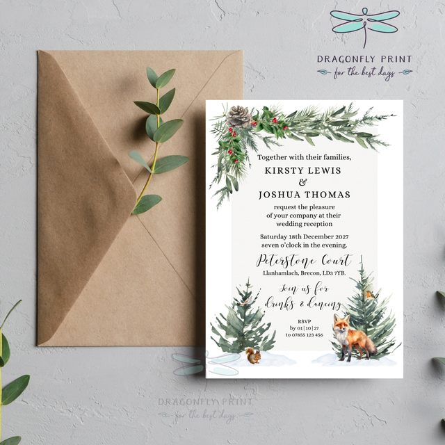 Winter Woodland Evening Invitations | “Coco” A6 Design with Envelopes | Single or Double-Sided 