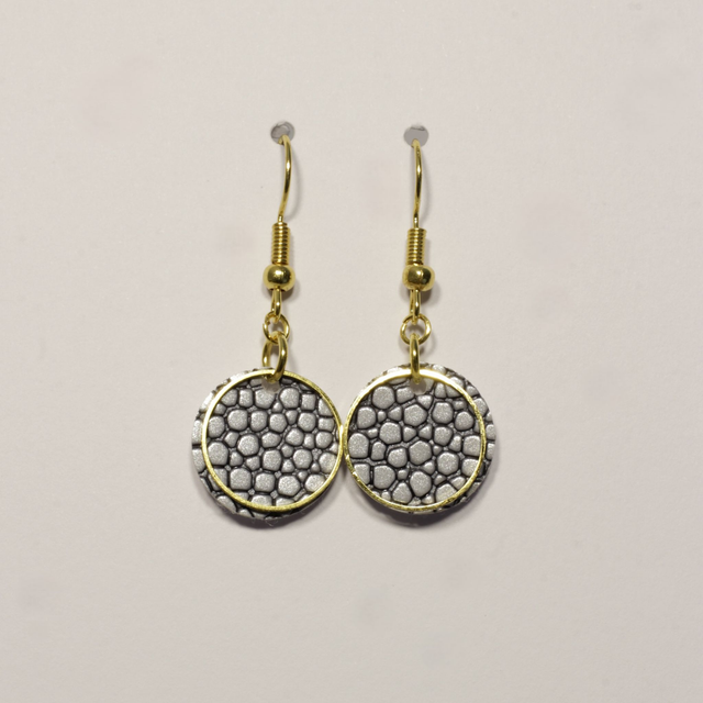 Circled Grey Leather and Gold Earring