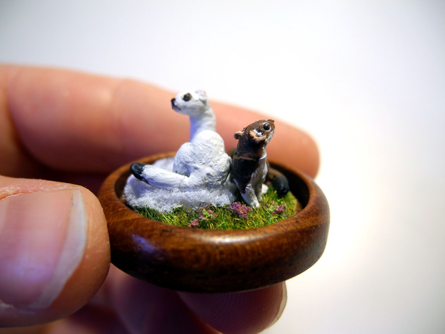 Ermines - OOAK Biosphere Wood Jewelry - Clear glass globe with two delicate Ermines inside– winter/spring inspired jewelry