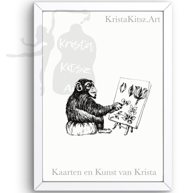 Leuke print Aapje schildert , tekening met inkt pen. Apenkunst van Krista Kitsz