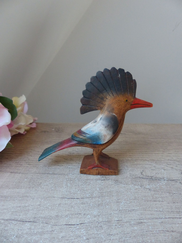 Sculptures d'un Oiseau et deux Roadrunners en Bois Sculptés et Peints à la main, Statuettes Oiseaux Décoratifs en Bois Art Populaire Vintage