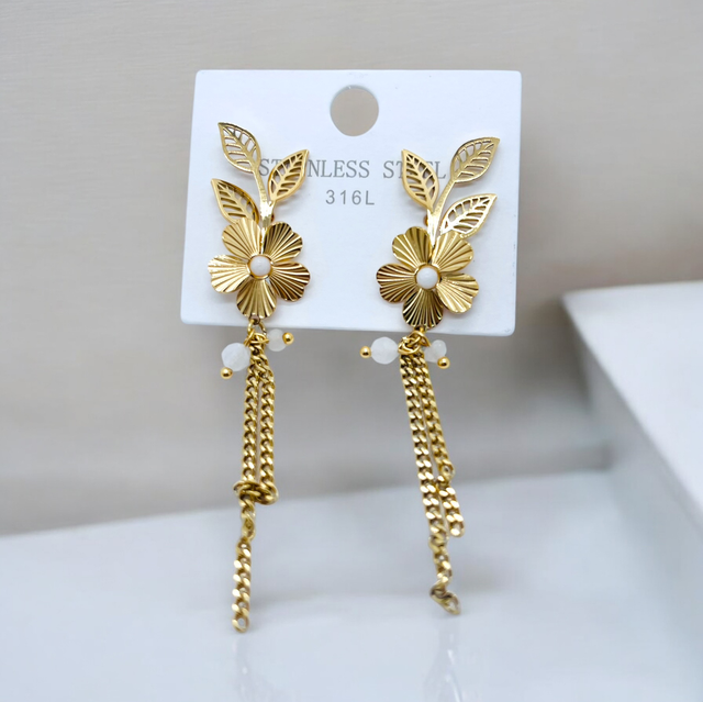 Boucles d’oreilles pendantes jade blanc doré 