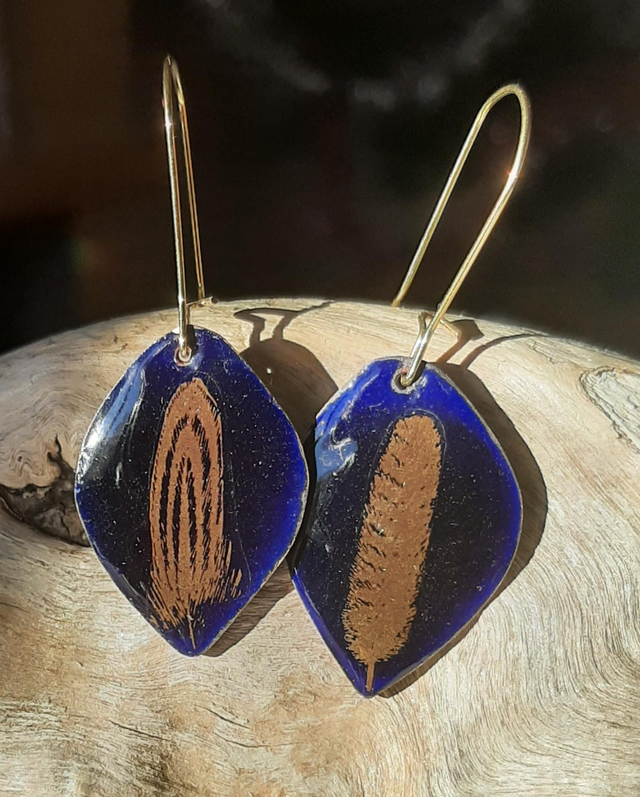 Boucles d'oreilles Petites Feuilles Bleues "Plumes" Dorées