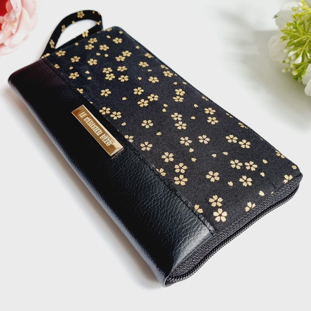 Portefeuille long zippé "Sakura" noir doré & simili cuir noir