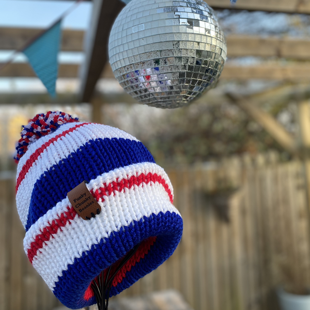 Funky Chunky Bobble Hat – Royal Red, White &amp; Blue - Handmade in Scotland