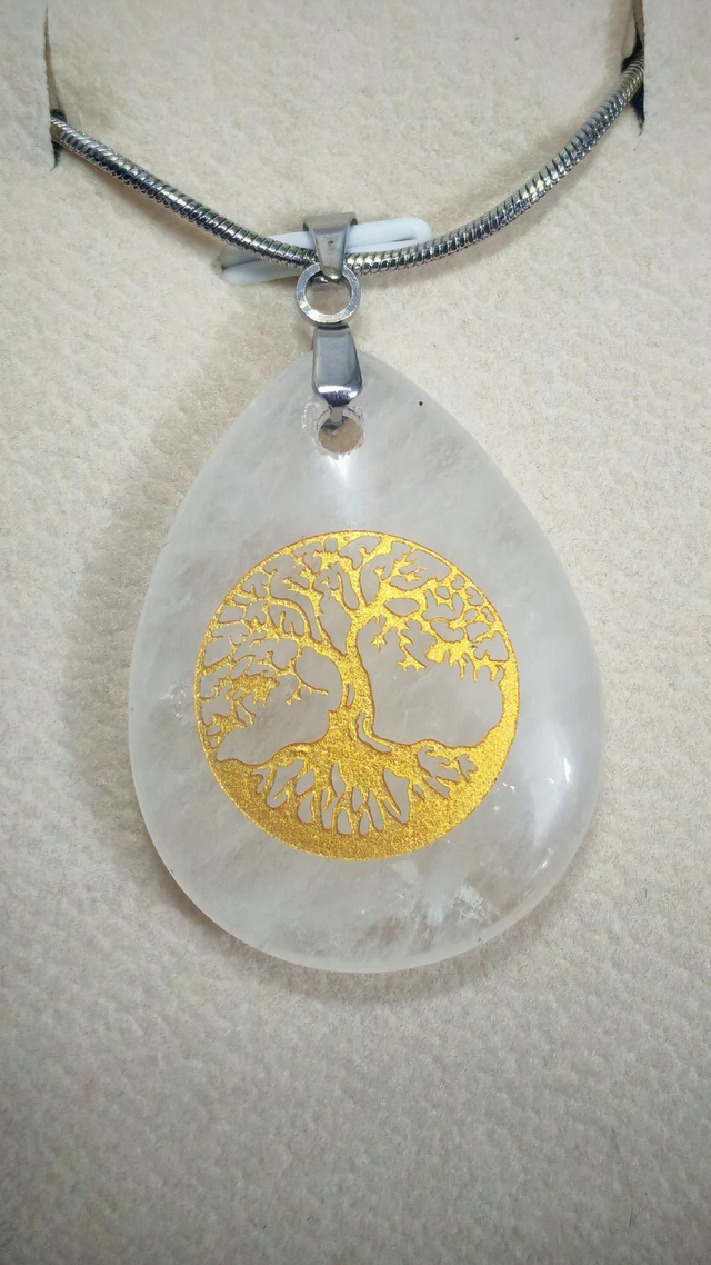 Pendentif goutte cristal de roche, arbre de vie