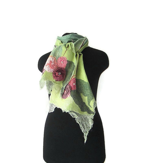 Sciarpa lana merino seta infeltrita Sciarpa lunga calda verde donna fatto a mano regali unici per le donne Stile boho