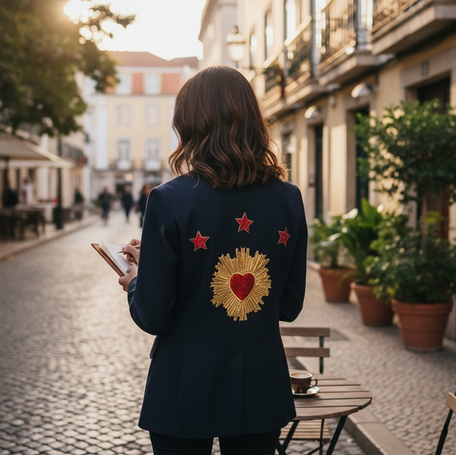 Blazer bleu customisée cœur love 40/42